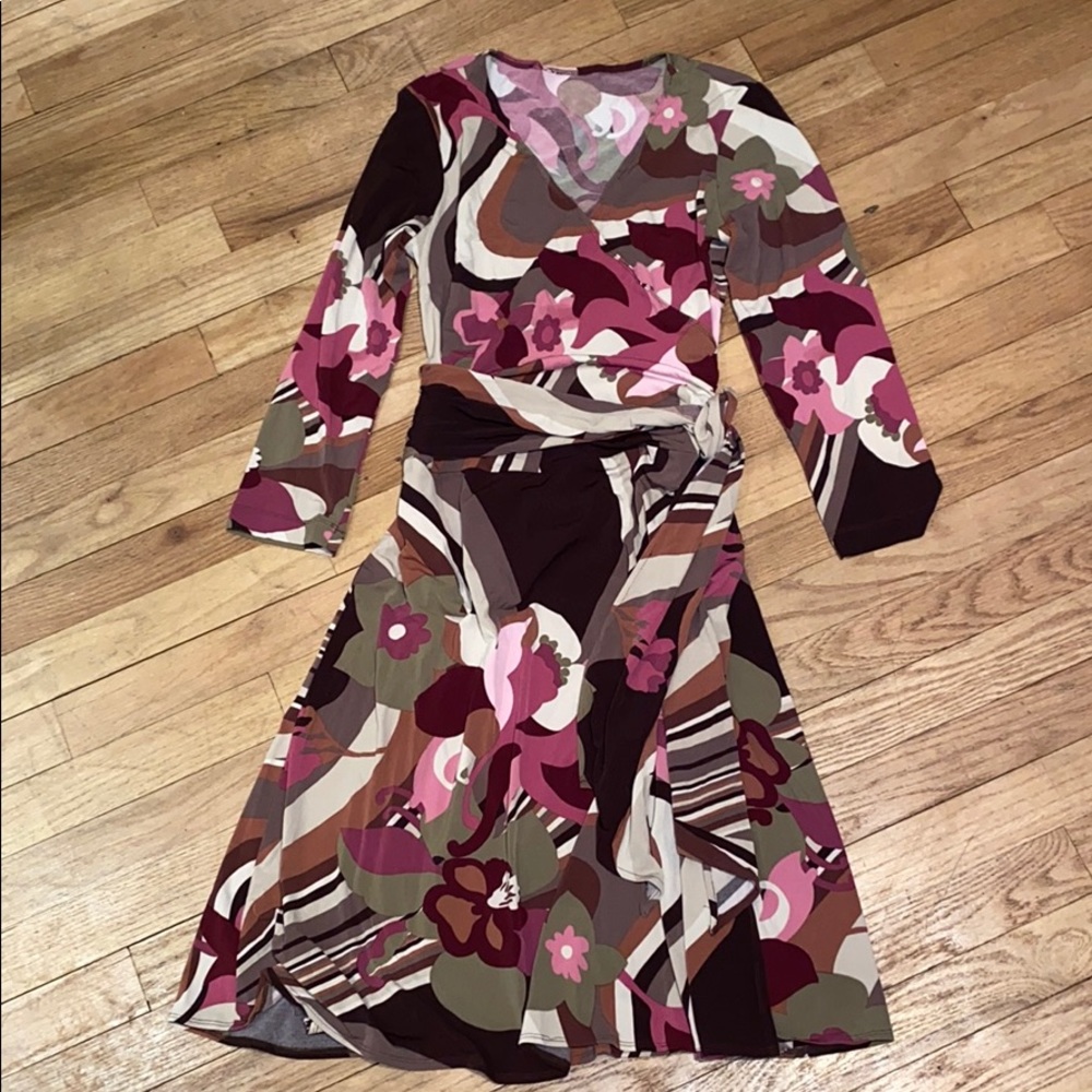 Wrap print stretch jersey dress self tie waist